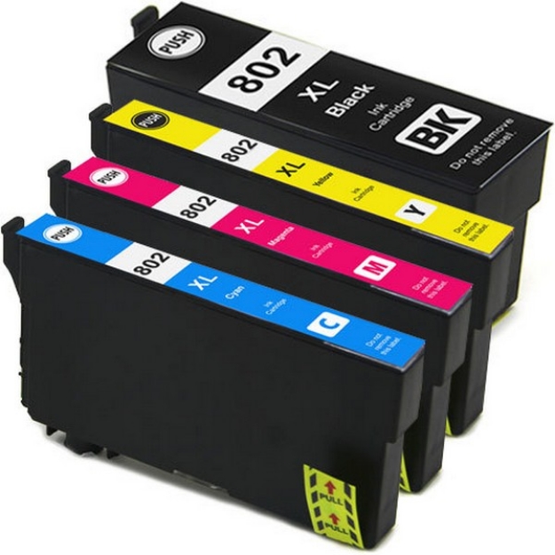 Picture of Premium Quality 2 Standard Yield Black, 1 each High Yield Cyan, Magenta, Yellow Ink Cartridges compatible with Epson T802XL0-5Pk (Epson 802XL)